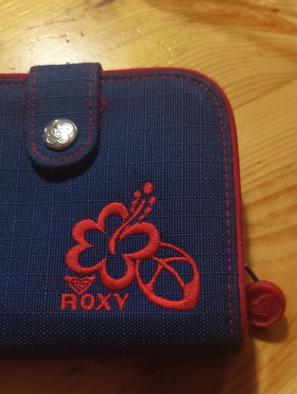 Roxy Denim Wallet with Red Floral Accent Y2K Vintage